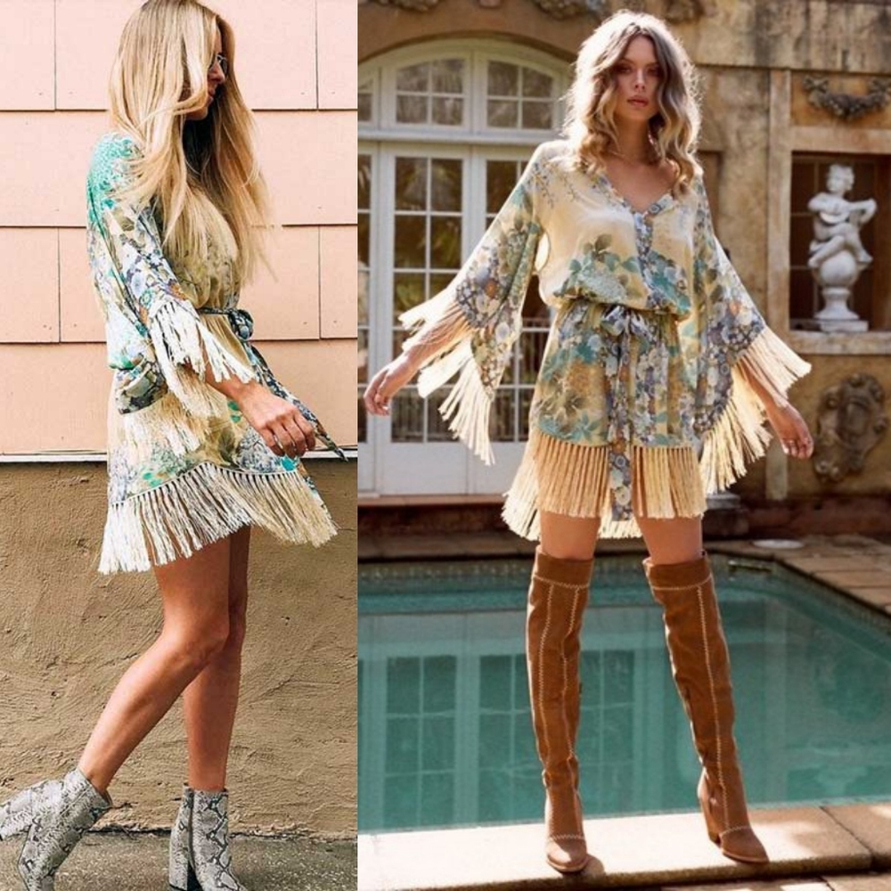 New Spell Designs Willow Tassel Mini Dress Meadow L Kimono Sleeve Blue Green NWT